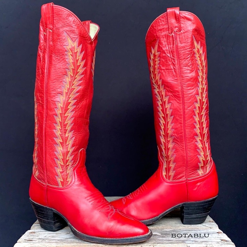 LARRY MAHAN Vintage Red Tall Knee High Cowgirl Cowboy Western Boots Size 7.5